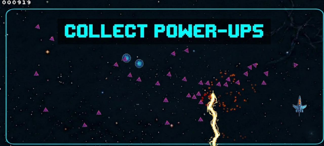 The Last One-arcadescène met ruimteschip en power-ups The Last One-arcadescène met ruimteschip en power-ups