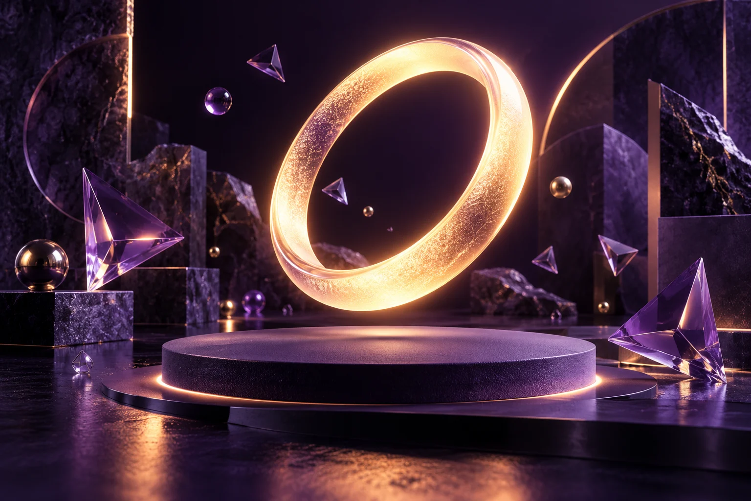 Lichtgevende geometrische vormen en een ringvormig object in een donker violet interactielandschap