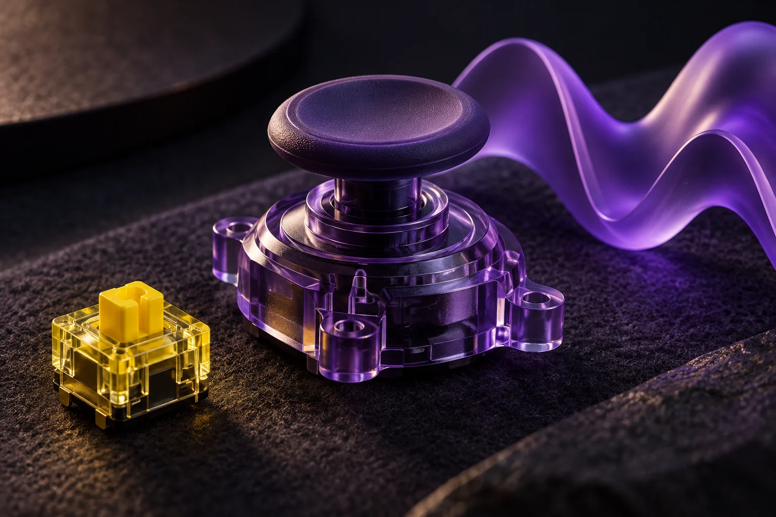 Violette transparante joystick en gele schakelaar naast een golvende vorm